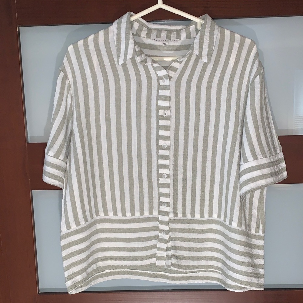 Jane and Delancey Green/White Striped Button Down Shirt Size Large